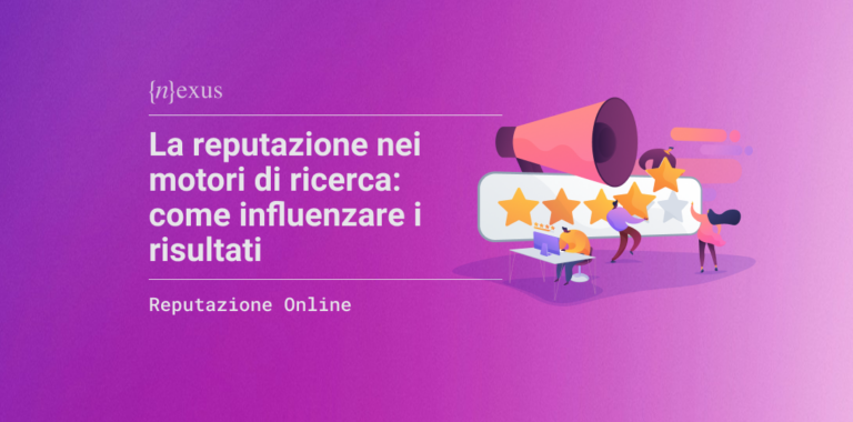Grafica che rappresenta la reputazione online, con icone di recensioni, motori di ricerca e visibilità del brand