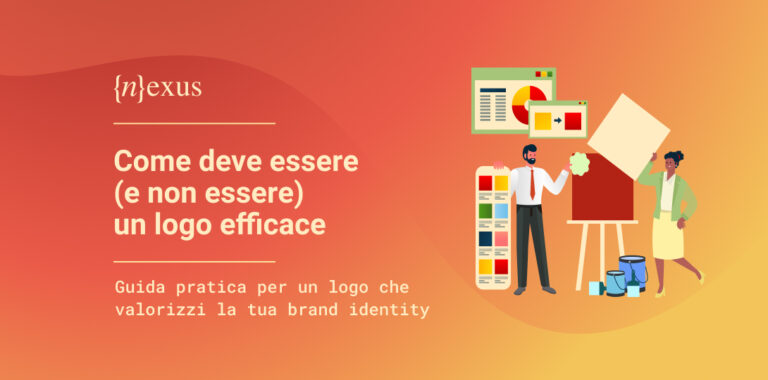 Illustrazione vettoriale con due persone che scelgono colori e modificano un logo su un cavalletto, con sfondo rosso e giallo sfumato e titolo 