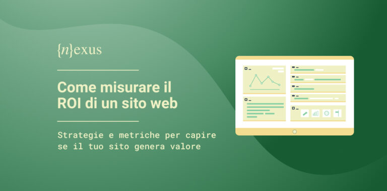 Grafica con il titolo “Come misurare il ROI di un sito web: strategie e metriche per capire se il tuo sito genera valore” e illustrazione di un uno schermo con grafici e dati.