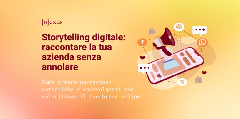 Illustrazione vettoriale con smartphone, megafono e icone social come Facebook, Instagram e WhatsApp, su sfondo giallo sfumato. A sinistra il titolo: Storytelling digitale: raccontare la tua azienda senza annoiare, e il sottotitolo: Come creare narrazioni autentiche e coinvolgenti che valorizzano il tuo brand online.